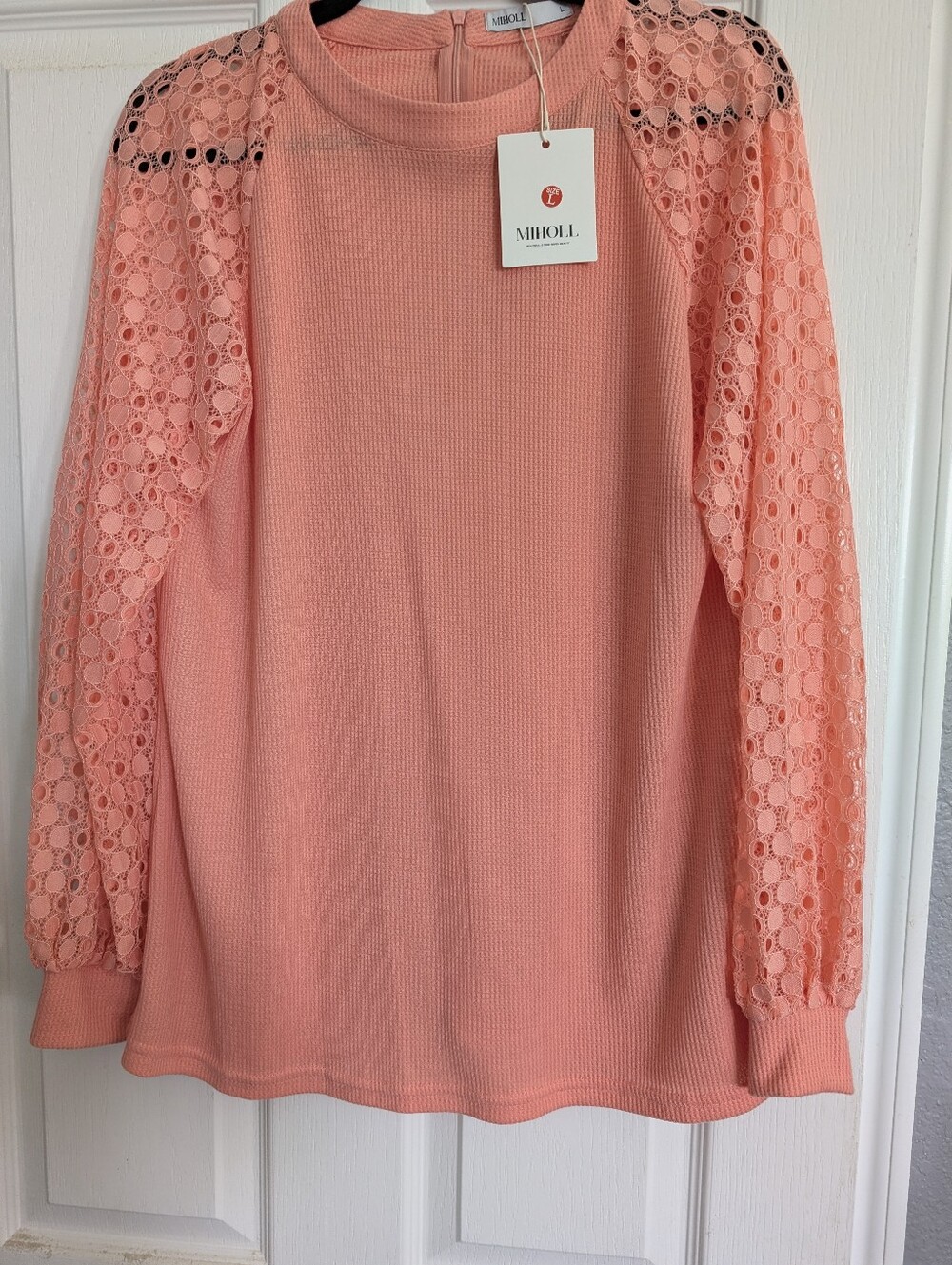 Coral Pink Lace Sleeve Women's Top